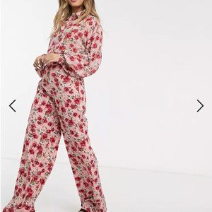 Pink Wide Leg Pants in Red Floral Print - High Waist Silky Side Zip Pants